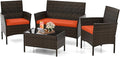 KOTEK 4 Piece Patio Furniture Set, Outdoor Rattan Conversation Set with Loveseat, Wicker Chairs, Tempered Glass Coffee Table, Wicker Patio Set for Backyard, Porch (Orange)