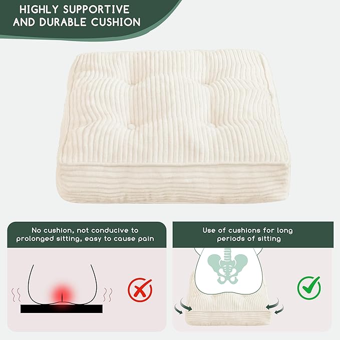 Tufted Corduroy Recliner Seat Cushion for Elderly, High Density Foam Large Square Seat Cushion for Recliner Chair, Floor Pillow, Office Chair, Car, No Pressure on Thighs, 20x20x4