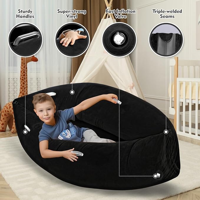 Toggloo Sensory Chair for Kids — 60 inch Comfy Peapod Sensory Chair for Kids Reading Corner, Inflatable Peapod Canoe for Children, ADHD Sensory Pea Pod — Includes Air Pump, Black