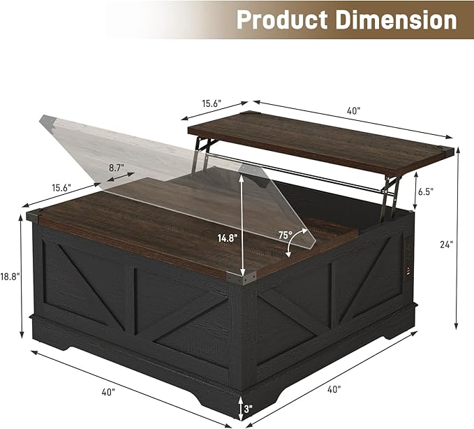 Hlivelood 40” Large Farmhouse Lift Top Coffee Table with Power Outlets and Large Hidden Storage, Square Wood Living Room Tables, Multi-Function Lift Wooden Barn Door Center Table, Black