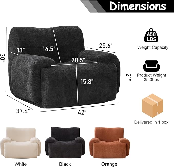 Boneless Chair, 42" W Oversized Single Sofa Chair for Living Room, Chenille Cloud Comfy Chairs, Foam Couch Armchair for Bedroom, Apartment, Office. Reading, No Assembly(Black)