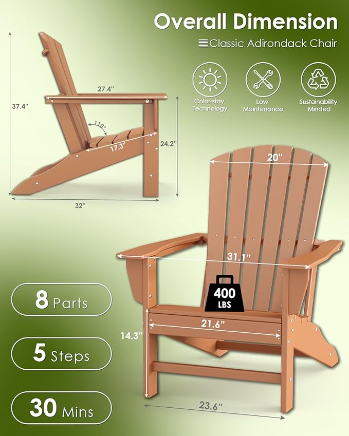 GREENVINES Adirondack Chair | HDPE Plastic | Oversized Fire Pit Chairs | All Weather | Teak | Poly Lumber | for Outdoor Deck Backyard Patio Garden