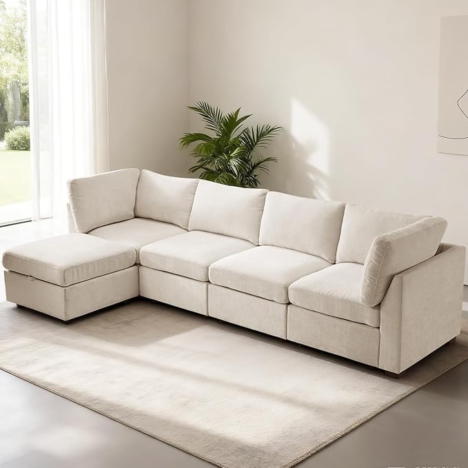 EDILLY 122 inches Oversized Modular Sectional Fabric Sofa Set, Extra Large L Shaped Couch Reversible Chaise Modular Sectional Couch,4 Seat Modular Sofa with Storage Ottoman, Linen Beige