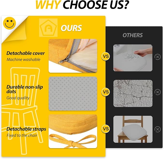 AAAAAcessories D-Shaped Chair Cushions, 2" Thick Dining Chair Pads with Ties and Removable, Machine-Washable Cover, 17" x 16", Golden Yellow