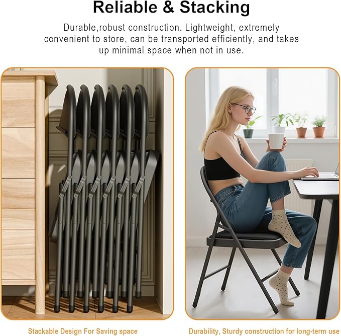 8 Pack Black Folding Chairs with Padded Cushion for Outside, Portable Stackable Commercial Metal Foldable Chairs with Steel Frame for Home Events Office Wedding Party, 350lbs Capacity