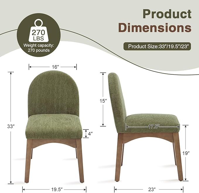 HNY Mid Century Modern Dining Chairs Set of 6, Chenille Upholstered Dining Room Chairs Armless Kitchen Chairs with Solid Rubberwood Legs, Accent Side Chairs for Living Room, Green