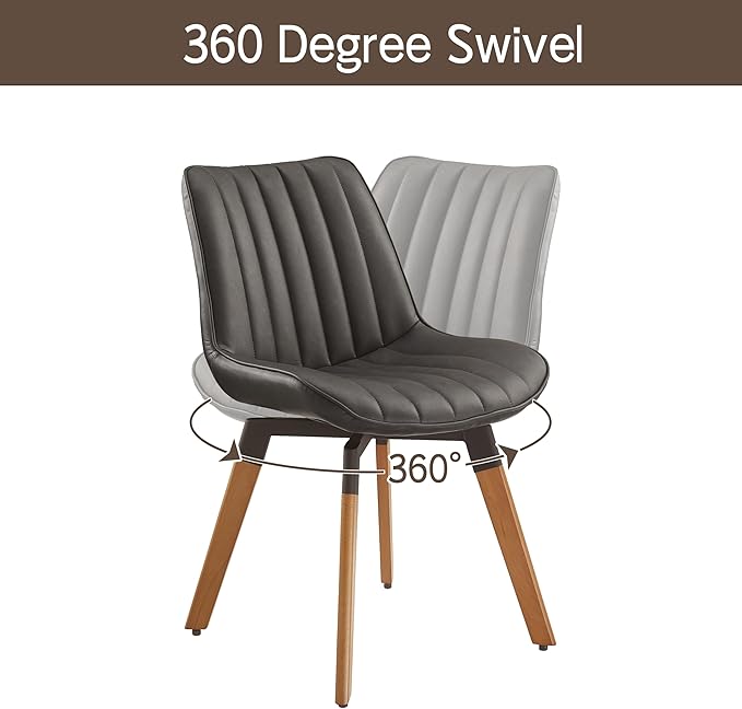 Art Leon Swivel Dining Chairs Set of 2, Mid Century Modern Kitchen Dining Room Chairs, Upholstered Faux Leather Armless Side Chair with Wood Legs for Living Room Bedroom, Dark Gray