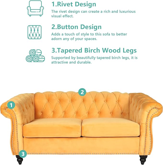 QHITTY Accent Sofa, Chesterfield Loveseat Modern Velvet Couch Upholstered Sofa with Tufted Back for Living Room Furniture (Mango)