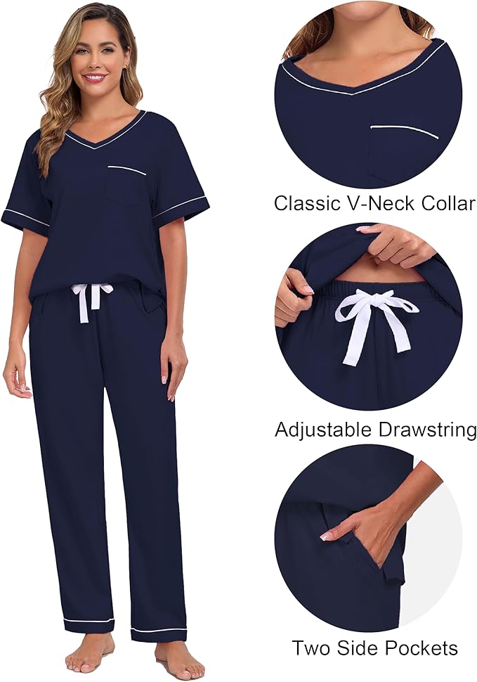 CF Women's 100% Cotton Pajama Sets Soft Short Sleeve Tops & Pants Comfy Sleepwear 2 Piece Lounge set with Pockets Loungewear