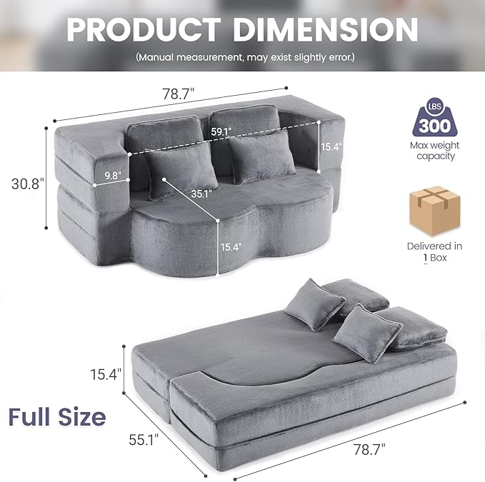 Orynveela Convertible Folding Sofa Bed, 78” Full Size Floor Sleeper Couch, Chenille Full Foam Futon Loveseat for Living Room Bedroom, No Assembly Required (Grey)