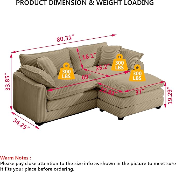 Aoowow Corduroy Loveseat Couch with Ottoman,Modern 2 Seater Cloud Couches for Living Room,Modular Sectional Cloud Sofas Deep Seat,Oversized L-Shaped Couch for Small Spaces (Tan, 2 Seater + 1 Ottoman)