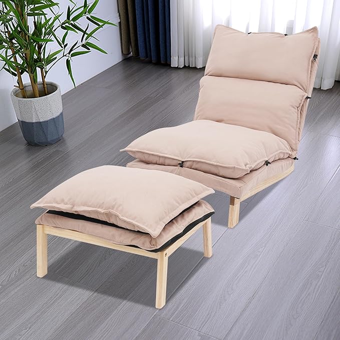 Single Lazy Leisure Chair, Adjustable Recliner Balcony Reclining Japanese Tatami Chair with Ottoman, Floor Seating Lounge Chair with Backrest and Footrest, Upholstered Chair for Living Bedroom (Beige)