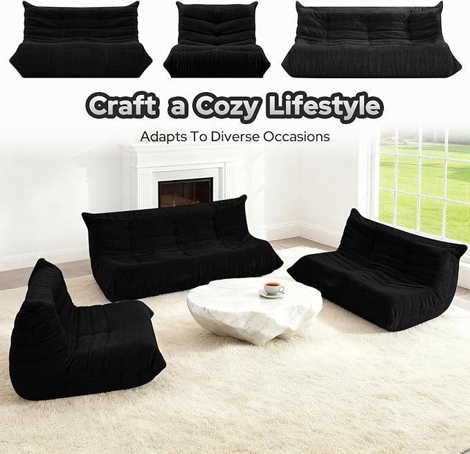 HABUTWAY Bean Bag Chairs Fireside Lazy Floor Sofa, Soft Teddy Fleece 2 Seater Sofa with High-Resilience Foam Filling，Beanbag for Living Room, Bedroom, Office (Black Teddy)