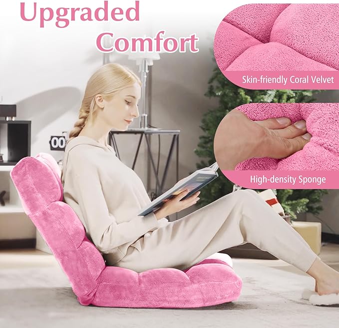 ARLIME Adjustable Floor Chair, 14-Position Lazy Sofa Chair with Back Support & Thick Padding, Portable Foldable Floor Couch for Adults, Kids, Use in Bedroom, Living Room, Home Theater (Pink)