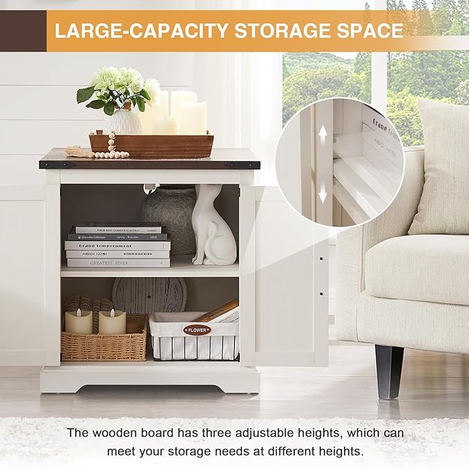 Barnyatoh Farmhouse End Table with Charging Station,24" Large Side Table with Barn Door, Rustic Wood Square Nightstand Bedside Table with Adjustable Shelf for Living Room, Bedroom,Antique White 2-Pack