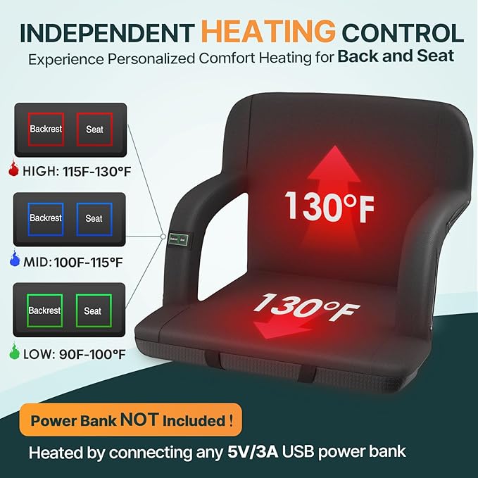 HOPERAN 23" 2pcs Dual-Sided Heated Stadium Seats for Bleachers with Back Support, 3 Levels Heating Stadium Seating for Bleachers Seat with Backrest, 5 Pockets Portable Stadium Chair for Outdoor