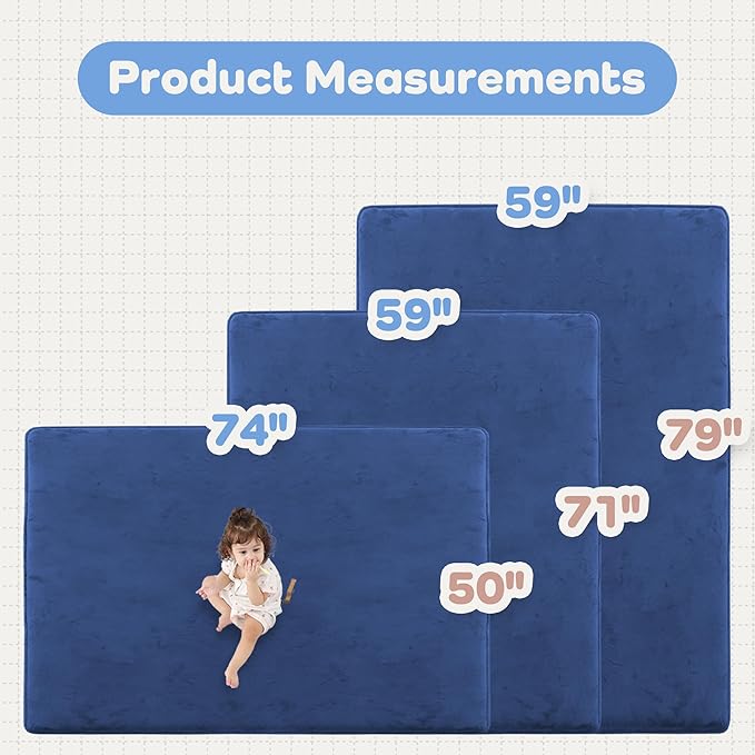 PAPAMAT 1.3" Thick Baby Floor Play Mat 59x71, Basic Padded Foam Mat for Tummy Time Crawling, Non Slip Cushioned for Babies Toddlers Infants Kids (Blue)