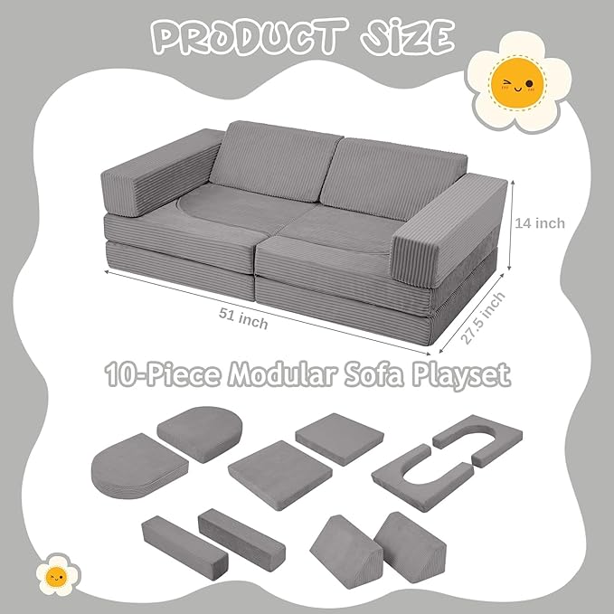 MeMoreCool Kids Modular Play Couch – 10 Piece Corduroy Foam Sofa, Light Grey Convertible Playroom Furniture for Toddlers | Fort Building Set | Washable, Soft & Durable