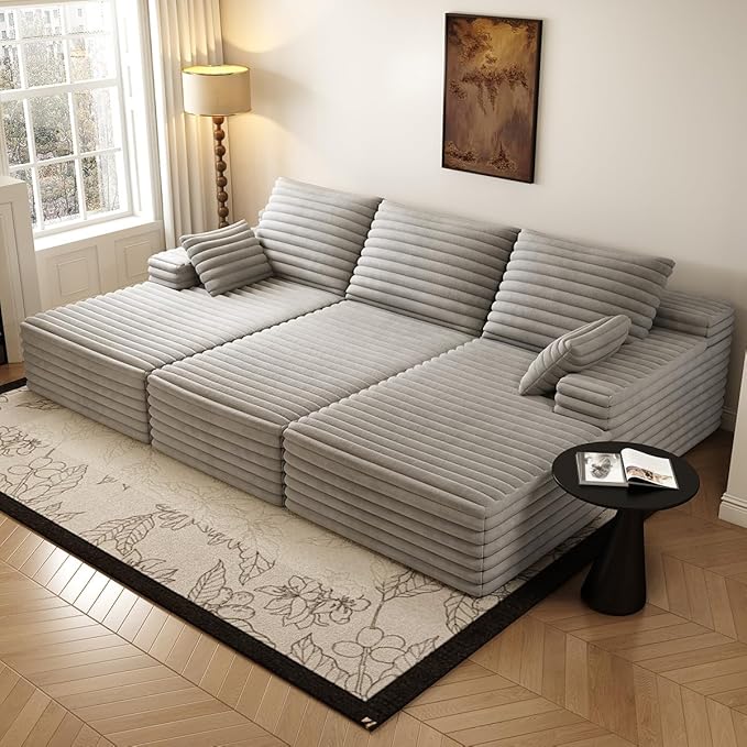 Oversized Lounge Chaise,Cloud Plush Sofa Bed,Upholstered Boneless Cloud Sofa Deep Seat,No Assembly Required,Modern Corduroy Sleeper 3 Seater Chair for Living Room Bedroom Reading,Grey