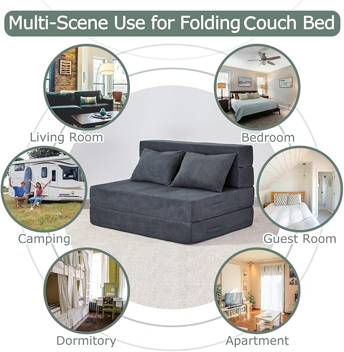 HILERO Folding Sofa Bed, 4 in 1 Convertible Sleeper Chair with Pillow, Twin Memory Foam Fold Out Chair Bed, Modern Floor Futon Sofa Couch Mattress for Living Room/Guest/Apartment, Dark Grey