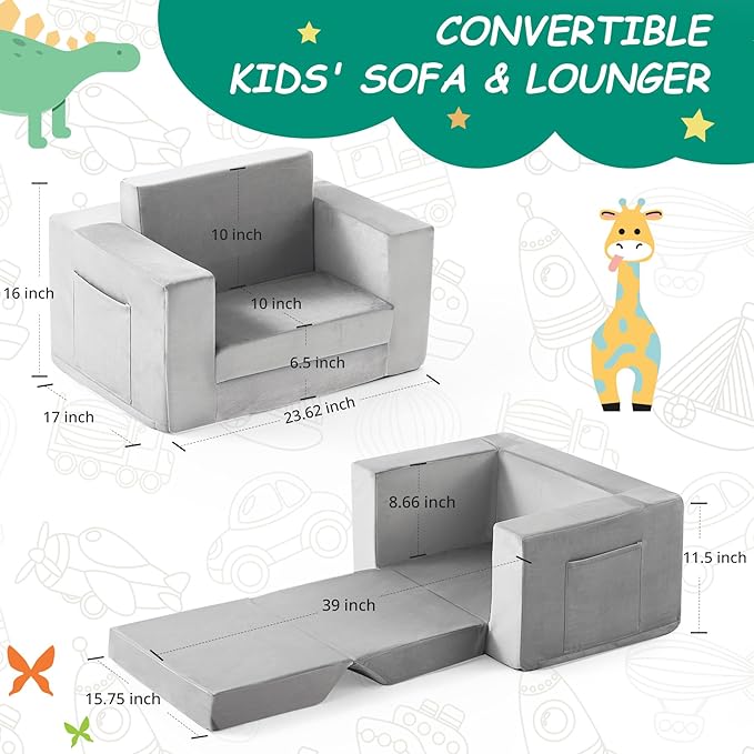 Kids Couch, 2-in-1 Toddler Chair Comfy 1-3 Years Old, Convertible Kids Chair, Toddler Couch Sofa, Kid Sofa to Lounge Bed for Boys and Girls, Soft Coral Fleece, Grey