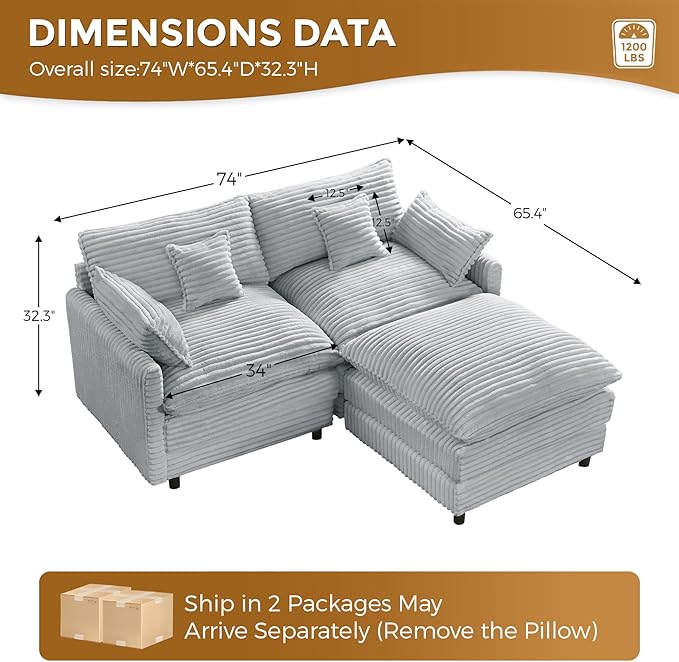 HYJT-H&K 74" L Shaped Cloud Couch Modular Small Sectional Couches for Living Room Small Spaces, Comfy Fluffy Corduroy Cloud Loveseat with Ottoman 3 Seat Sectionals Sofa, Grey
