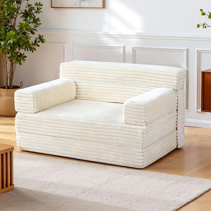 Folding Sofa Bed,Convertible Sofa Bed with Armrest Foldable Sleeper Chair, Portable Folding 4-in-1 Floor Sofa with Convertible Lounge Chair for Living Room,Bedroom,Washable Cover,White Single