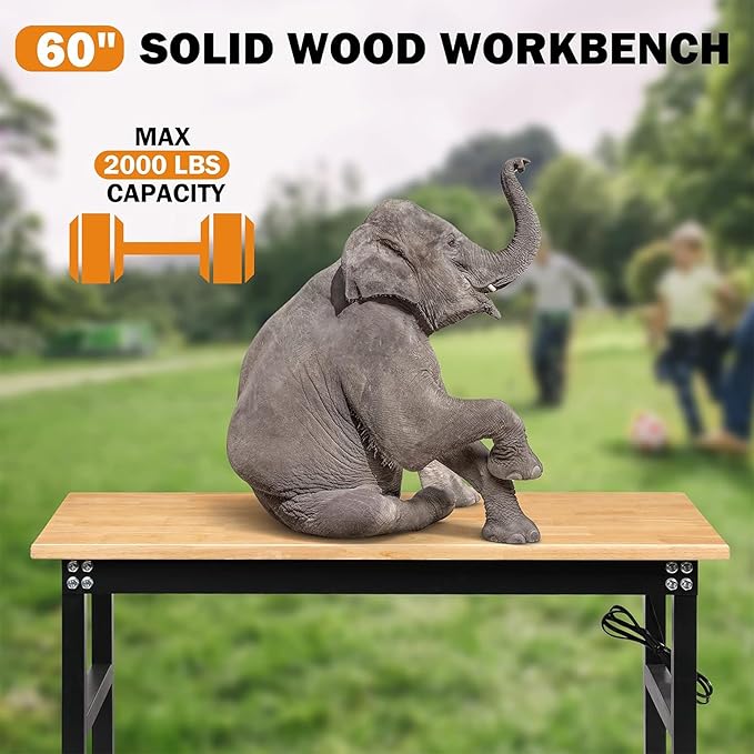 Betterhood Adjustable Height Workbench, 60" Rubber Wood Top Heavy Duty Workstation with Power Outlets, 2000 LBS Load Capacity Hardwood Worktable for Workshop, Garage, Office, Home, Commercial