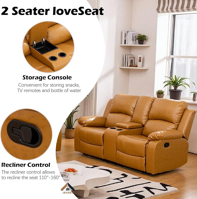 JBXBER Manual Recliner Sofa Set for Living Room, Leather Reclining Sofa Sets, Faux Leather Couch Set with Cup Holders, Drop-Down Table and Storage Console(Sofa and Loveseat,Ginger)