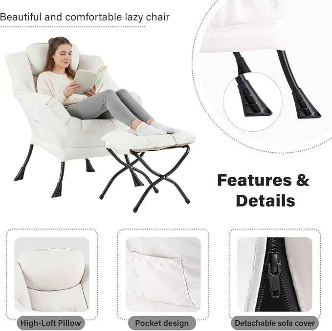 Cozy Lazy Chair and Ottoman, Large Contemporary Accent Lounge Chair Set, Leisure Upholstered Reading Armchair for Bedroom, Living Room, Dorm Rooms, Office, Peach Beige