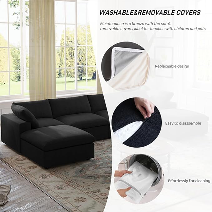 WJShome Love Seat Sofas,80.3" Down Filled Modular Sectional Sofas for Living Room,Cushion Covers Removable, Customizable Modular Sectional Couch for Apartment(Black)