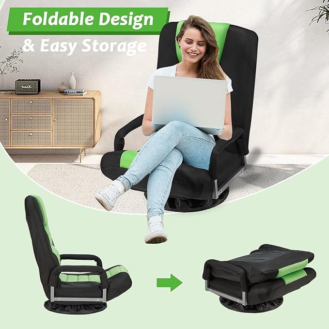 360° Swivel Chair 6 Adjustable Positions Backrest with Armrest Foldable Floor Chairs Suitable for Reading, Relaxing, Mediation,Green