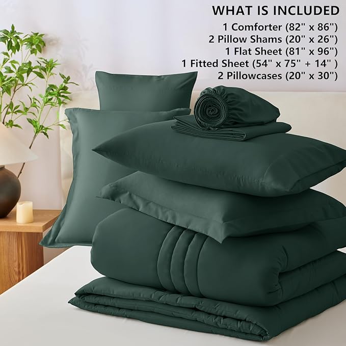 CozyLux Full Comforter Set - 7 Pieces Bed in a Bag Forest Green Comforter Set with Sheets Luxury Bed Set All Seasons, Soft Bedding Set with Down Alternative Comforter, Sheets, Pillowcases & Shams