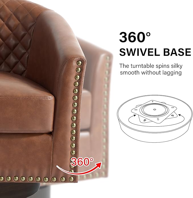 DREAMSIDEA Swivel Barrel Accent Chair, Comfy Modern Upholstered Round Faux Leather Arm Chair for Living Room, Bedroom（Brown, Set of 2
