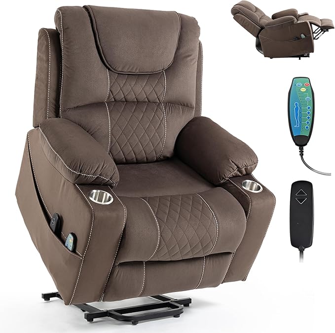 Oversized Power Lift Recliner Chair for Big and Tall 400 LBS, 26" Large Electirc Recliner Chair with Massage and Heating, Lay Flat Zero Gravity Recliner Sofa, Velvet, Coffee Brown