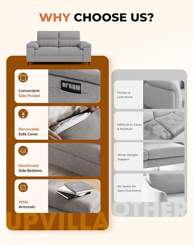 Upvilla 71.25" Modern Couches for Living Room, Deep Seat Sofa with 8” Cushion, Comfy 2-Seater Chenille Loveseat with Convertible Armrest, Removable Sofa Cover, High Leg(Light Gray)