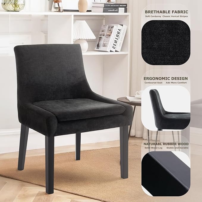 Modern Dining Chairs Set of 4, Upholstered Corduroy Dining Room Chairs with Wood Legs, Mid-Back Padded Kitchen Side Chairs for Dining Room, Black
