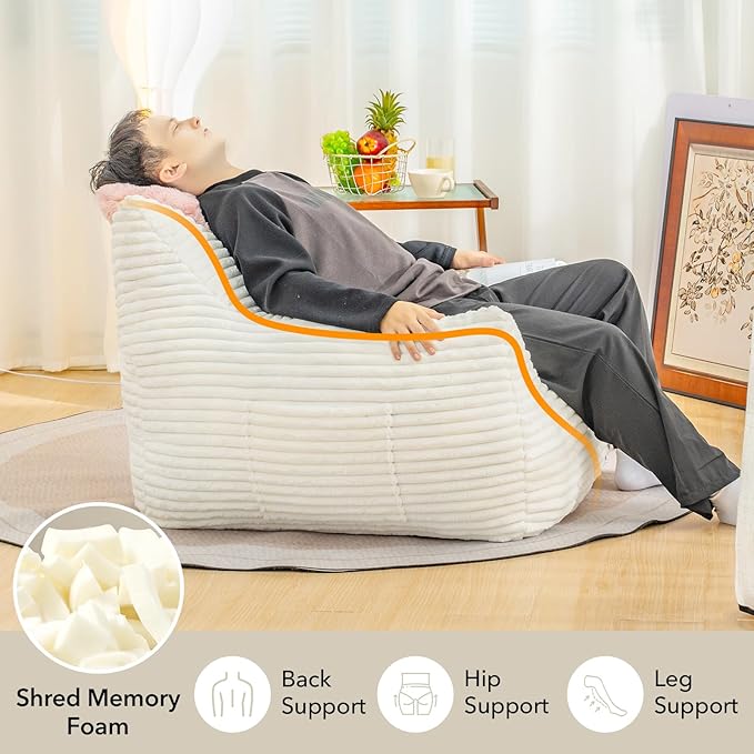 Giant Bean Bag Chair for Adults, Corduroy Upholstered Beanbag Chair with Side Pocket, Comfy Bean Bag Sofa with Portable Handle, Floor Sofa Chair for Bedroom (White)