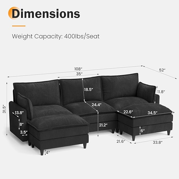Apicizon 108" Cloud Couch Sectional, 3-Seat Deep Cloud Sofa with Ottoman, Modern U Shape Sectional Sofa Corduroy for Living Room, Apartment, Office, Black