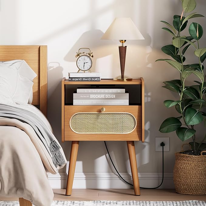 Night Stand Set 2, Mid Century Modern Nightstands Drawer, Rattan Bedside Table with Charging Station, Boho End Table with Storage, Wood Bed Side Tables for Bedroom, Small Space, Cherry