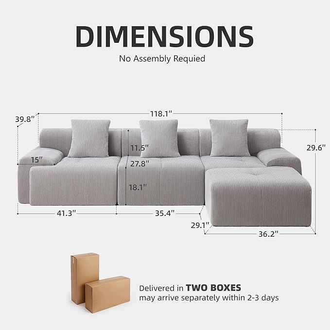 118" Boneless Couches for Living Room, Modular Cloud Sectional Couch with L-Shape Chaise, Modern Upholstered Sofa with Deep Seat, No Assembly Required, Plush Corduroy, Gray