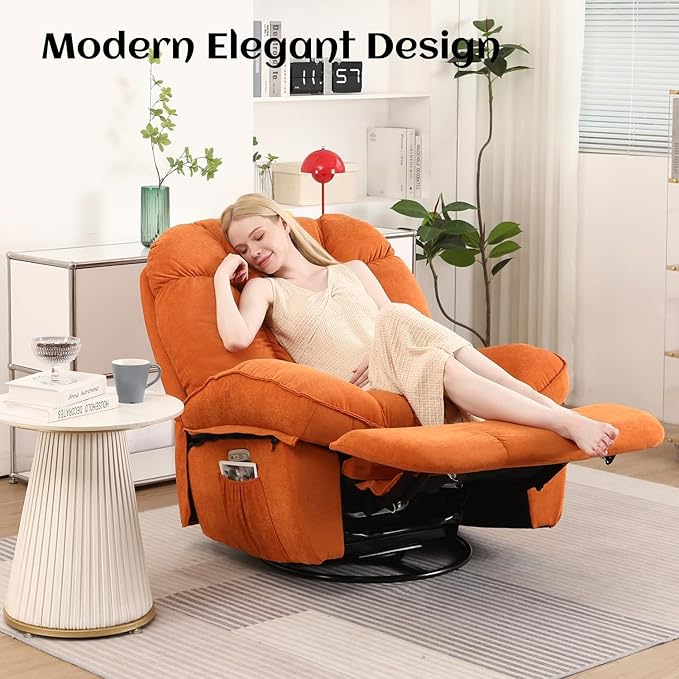 EDWELL Massage Swivel Recliner Chair, Oversized Rocker Recliner with Heated, Vibration Massage and Lumbar Heat Ergonomic Rocker Chair for Adults with Side Pocket, USB Charge Port, Orange