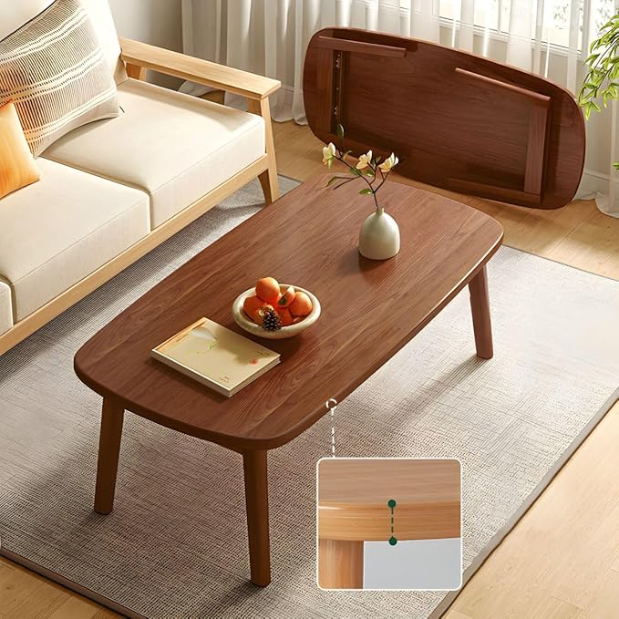 RUNNUP Modern Wood Coffee Table for Living Room Center, Minimalist Display Coffee Table, Foldable Side End Table, 39" L x 22" W x 17" H Walnut