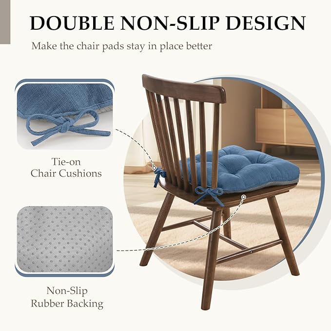 HARBOREST Chair Cushions for Dining Chairs Set of 4 - Chenille Tufted Kitchen Chair Cushions with Ties and Non-Slip Bottom, Foam Chair Pads for Dining Chairs, 17" x 17", Blue
