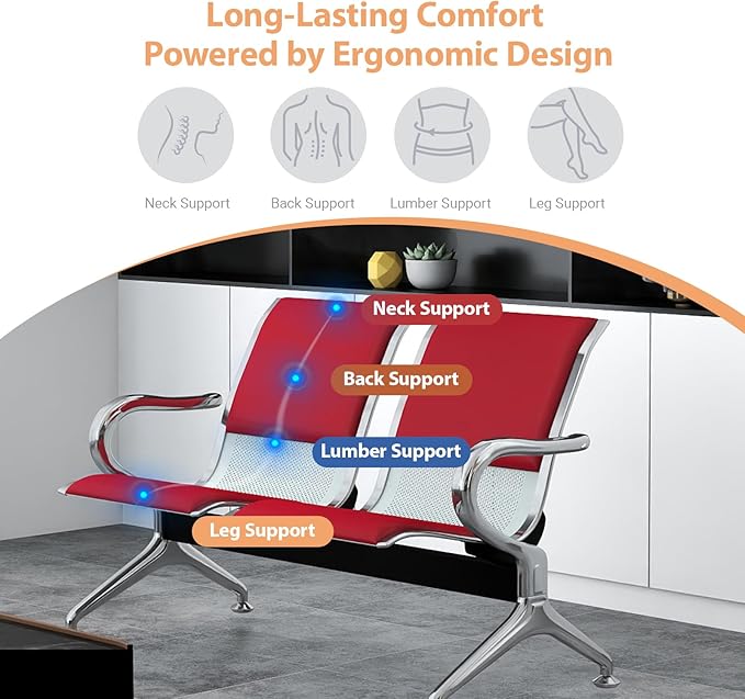 Kinfant 8-Seat Waiting Room Chairs with Arms – Heavy-Duty Steel Frame PU Leather Back & Cushioned Seat, Ergonomic Office Reception Guest Chair for Lobby, Clinic, Airport, Red