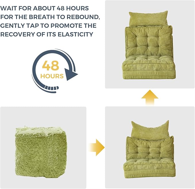 MAXYOYO Bean Bag Bed Tufted Folding Sofa Bed with Pillows Floor Mattress for Adults, Extra Thick and Long Floor Sofa, Single Couch for Bedroom Living Room, Green, 30x91 Inch