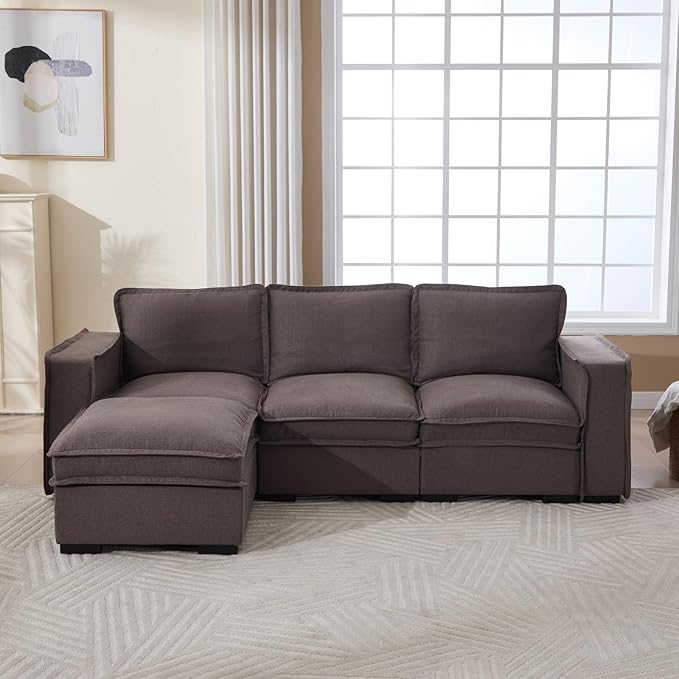 HEAY-YO 93 Inches Modern Modular Sectional Sofa,L Shape 3-Seater Comfy Couch with Moveable Ottoman,Floor Sofa for Living Room Bedroom Apartment,Linen Grey