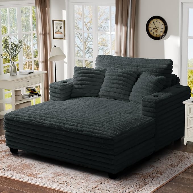 HUSFU 60'' Chaise Lounge Chair Indoor, Oversized Sleeper Sofa, Chaise Lounge Reading Chairs for w/Cup Holder and USB&Type C Port, Fluffy Plush Faux Fur Cloud Sofas Couches for Living Room, Grey Blue