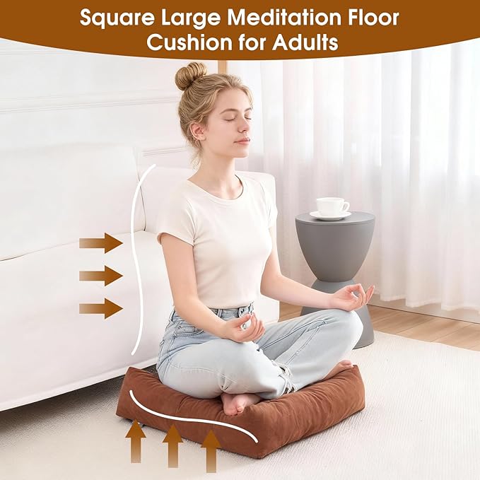 Tikuns Floor Pillows for Adults, Meditation Cushions, 22x22 Inch Large Square Sitting Cushion Living Room Memory Foam Pillow for Sitting(1, Brown, 22x22x4 Inch)
