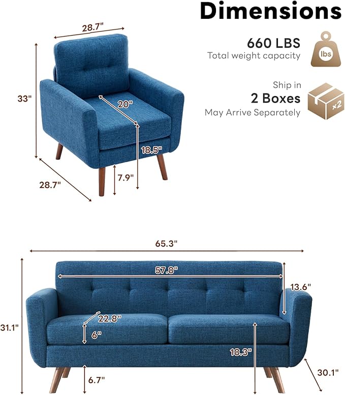 Tbfit Mid Century Modern Sofa Couch, Blue, Loveseat & Accent Chair | linen fabric, button tufted, solid wood foot, pocket spring, wood slats frame